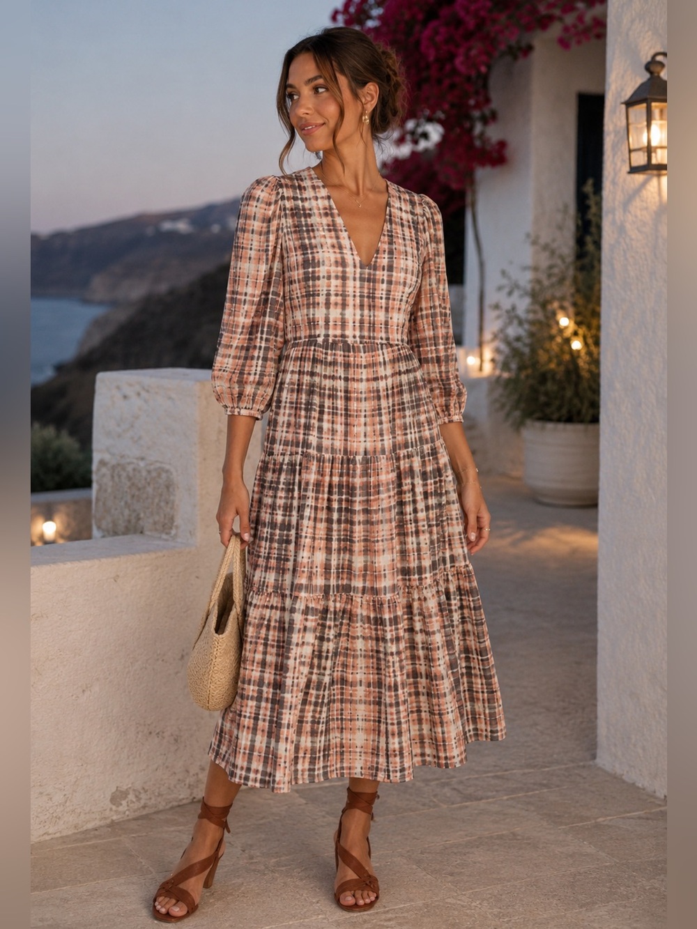 Joie Tobey Dress Multi Plaid Pink Midi Maxi V Neck Cotton 3/4 Sleeve